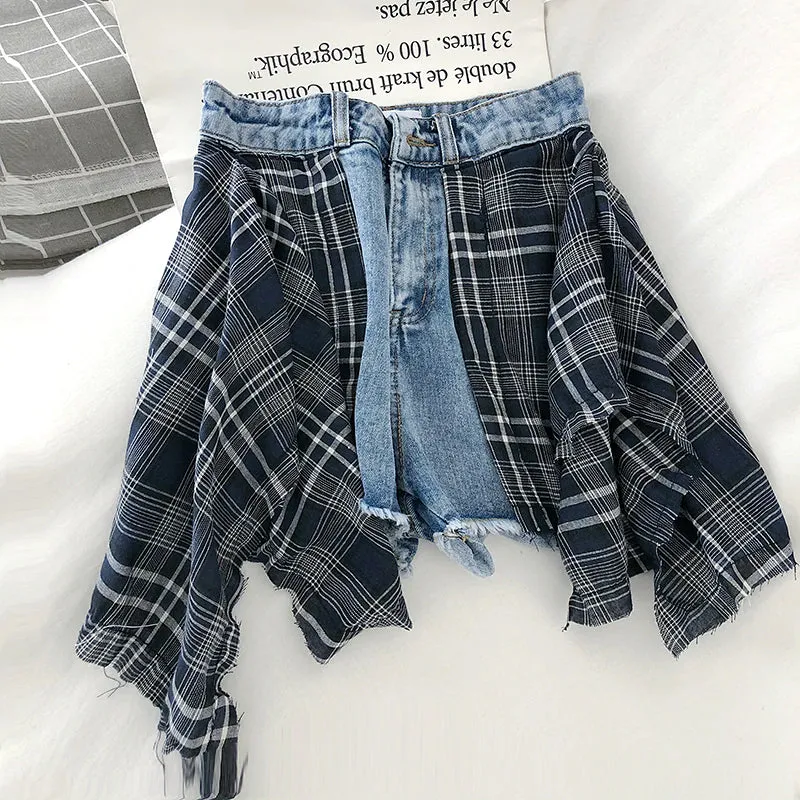 Plaid Stitching Two Style Wide Leg Denim Shorts