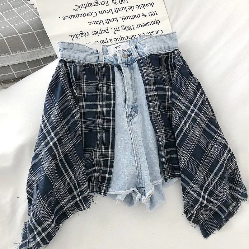 Plaid Stitching Two Style Wide Leg Denim Shorts