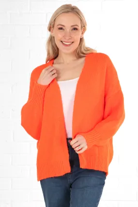 Plain Wool Blend Open Front Balloon Sleeve Cardigan in Neon Orange