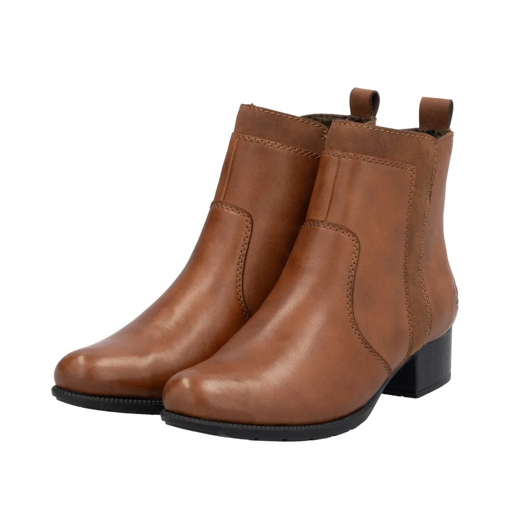 Rieker 78658-22 Ladies Brandy Leather Side Zip Ankle Boots