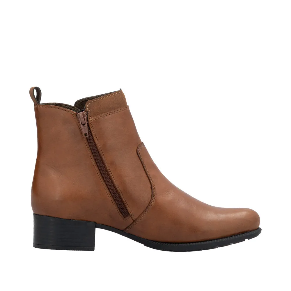 Rieker 78658-22 Ladies Brandy Leather Side Zip Ankle Boots