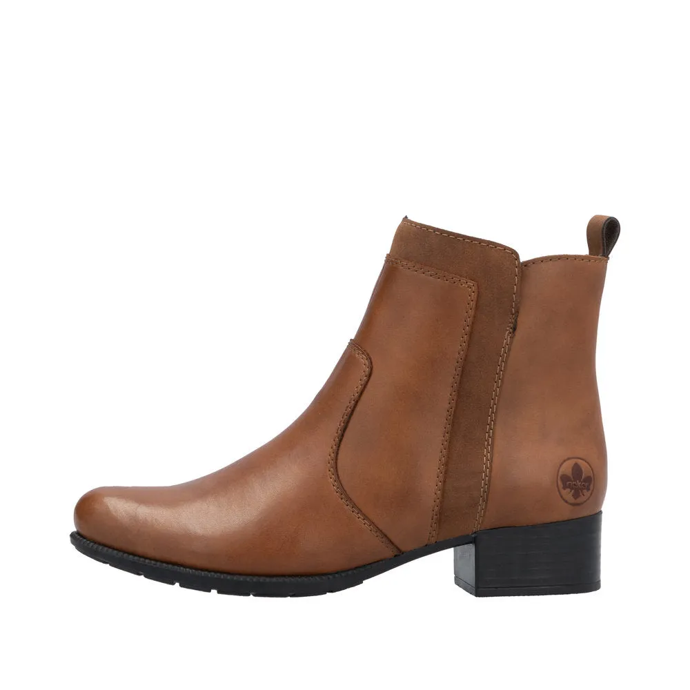 Rieker 78658-22 Ladies Brandy Leather Side Zip Ankle Boots
