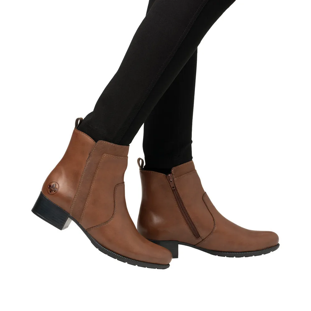 Rieker 78658-22 Ladies Brandy Leather Side Zip Ankle Boots