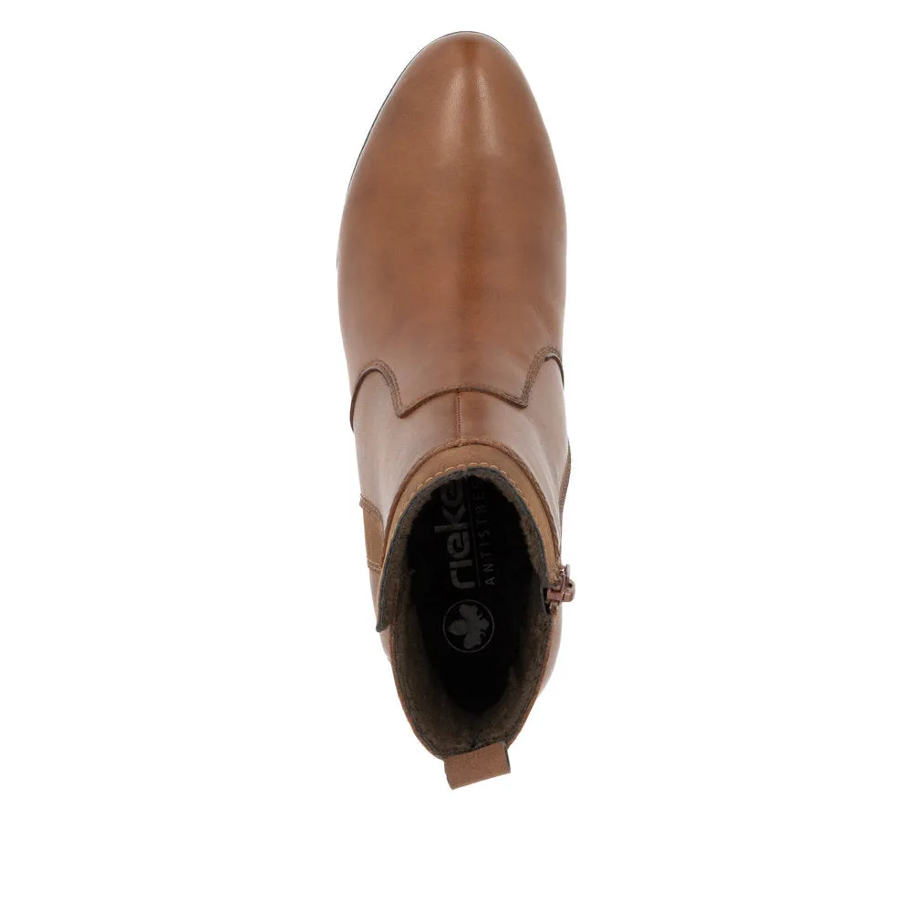Rieker 78658-22 Ladies Brandy Leather Side Zip Ankle Boots