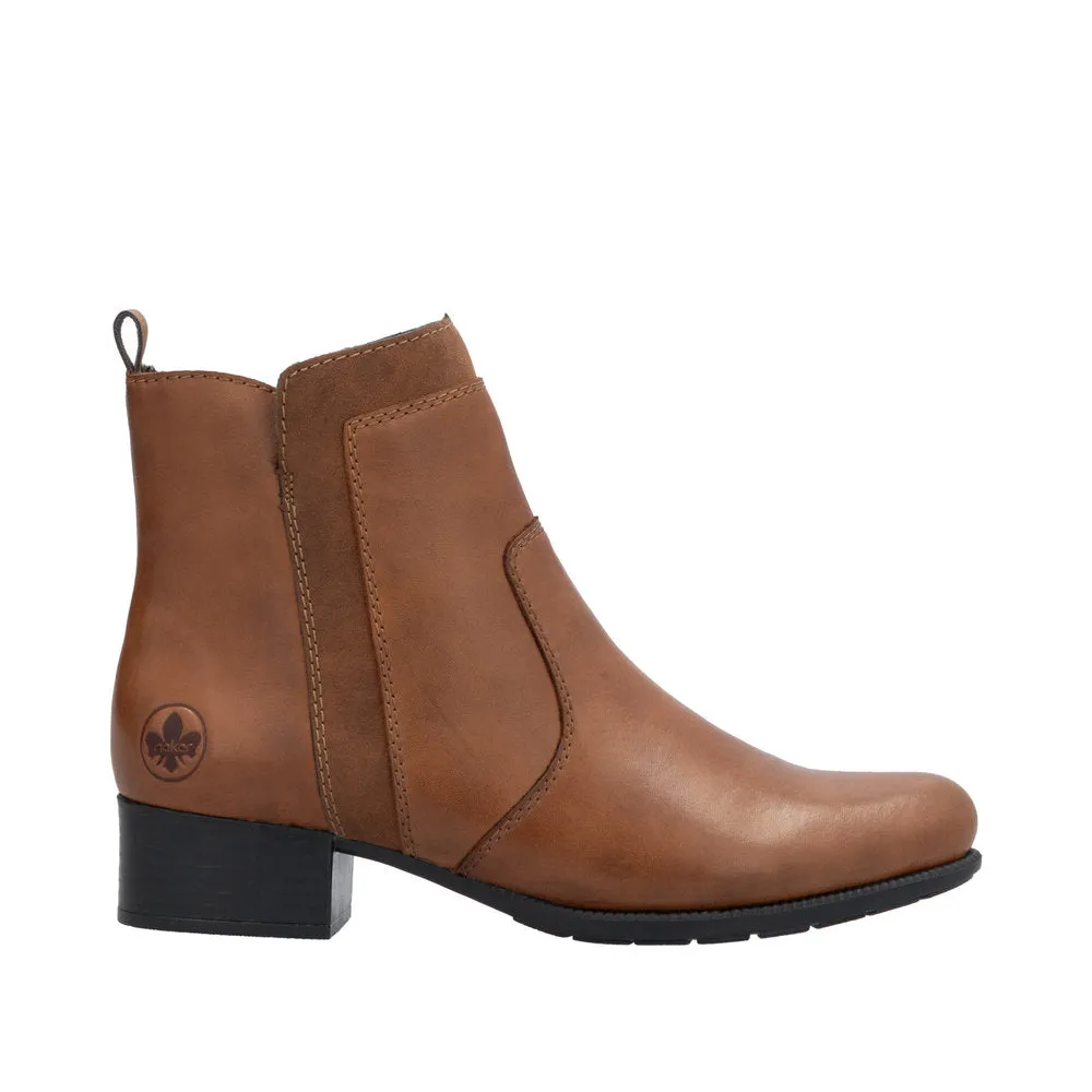 Rieker 78658-22 Ladies Brandy Leather Side Zip Ankle Boots