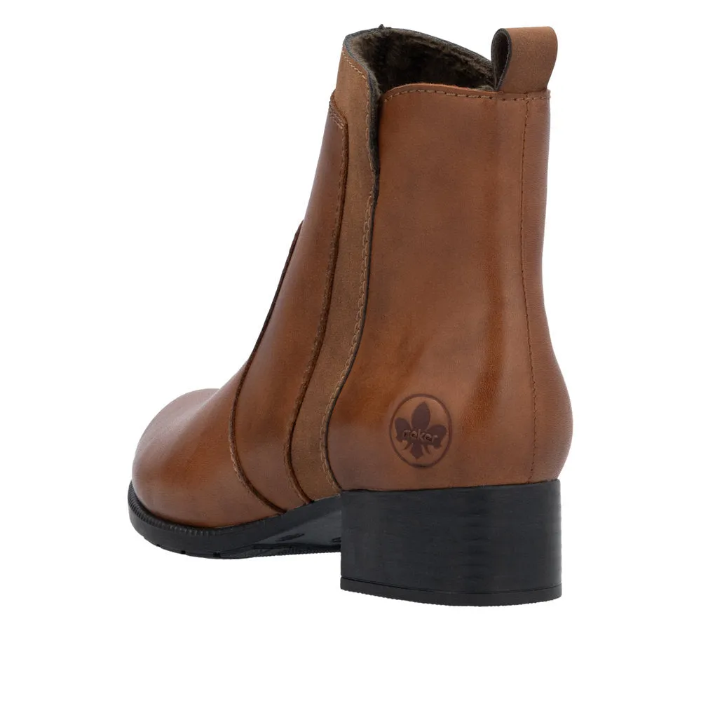 Rieker 78658-22 Ladies Brandy Leather Side Zip Ankle Boots