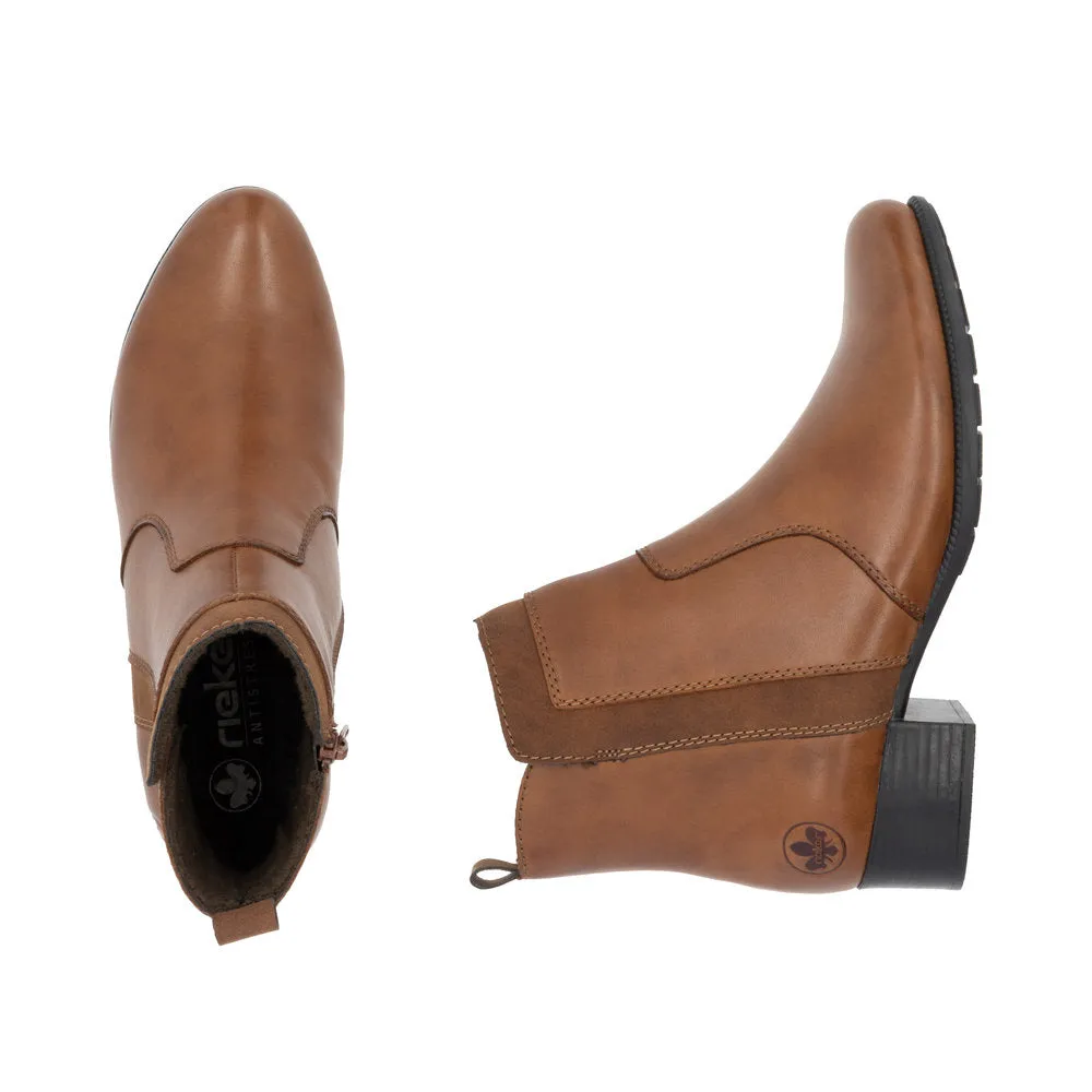 Rieker 78658-22 Ladies Brandy Leather Side Zip Ankle Boots