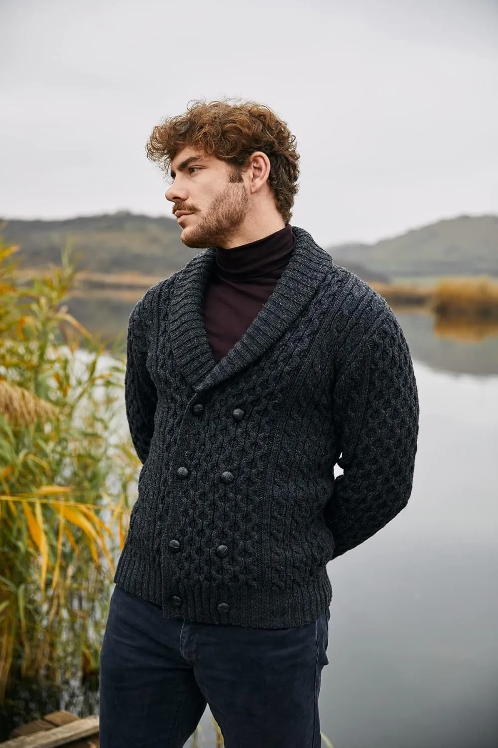 SAOL 100% Merino Wool Double Breasted Shawl Cardigan with Buttons for Men's