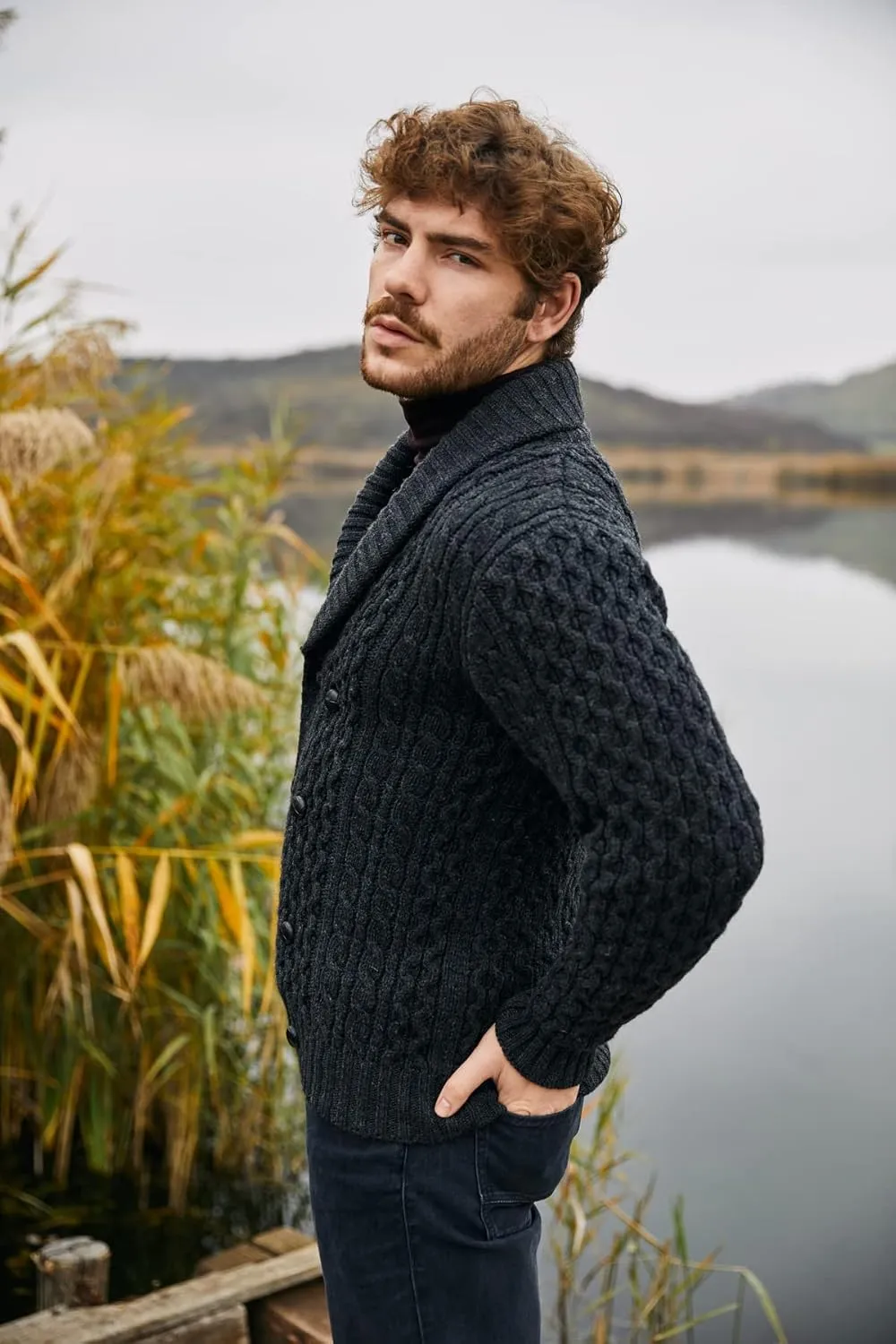 SAOL 100% Merino Wool Double Breasted Shawl Cardigan with Buttons for Men's
