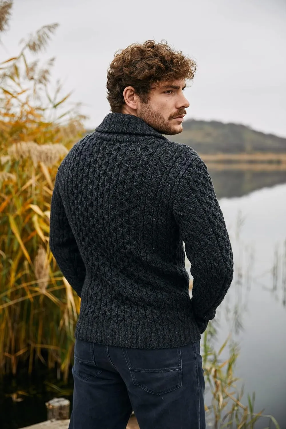 SAOL 100% Merino Wool Double Breasted Shawl Cardigan with Buttons for Men's