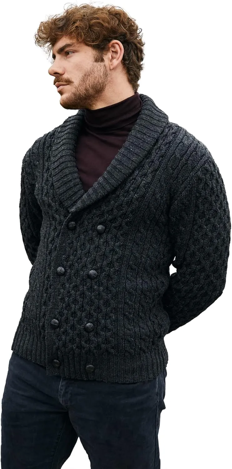 SAOL 100% Merino Wool Double Breasted Shawl Cardigan with Buttons for Men's