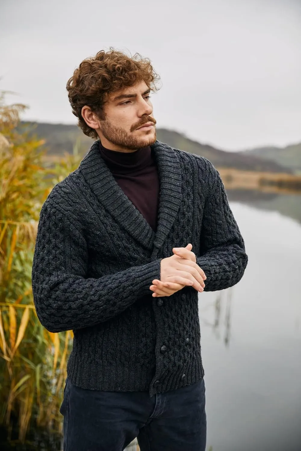 SAOL 100% Merino Wool Double Breasted Shawl Cardigan with Buttons for Men's