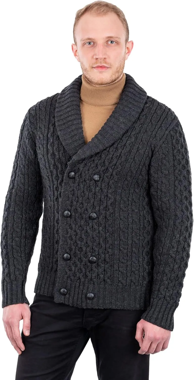 SAOL 100% Merino Wool Double Breasted Shawl Cardigan with Buttons for Men's