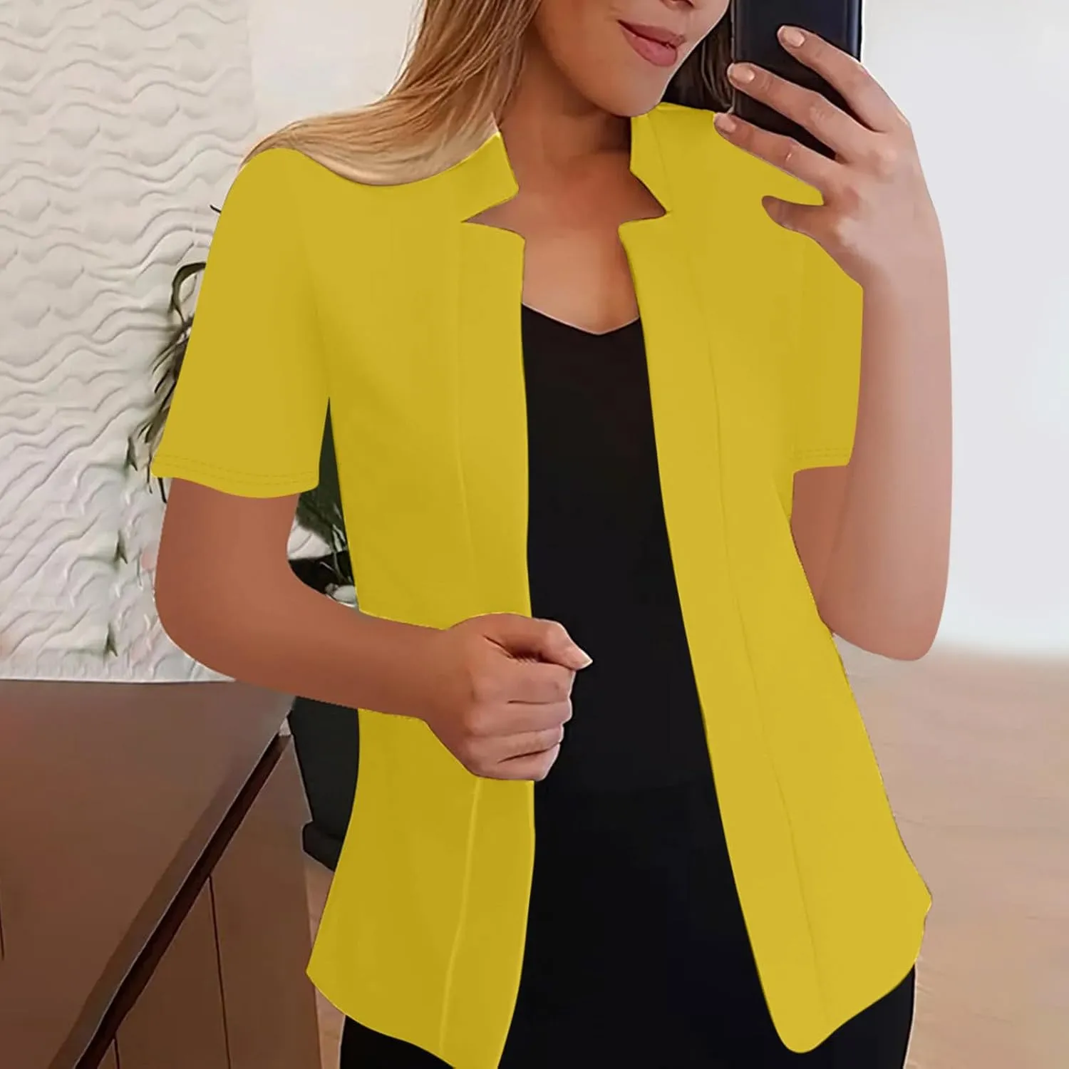 Short Sleeve Lightweight Suit Jackets Women Summer Casual Open Front Work Office Blazers Notch Collar Solid Cardigan