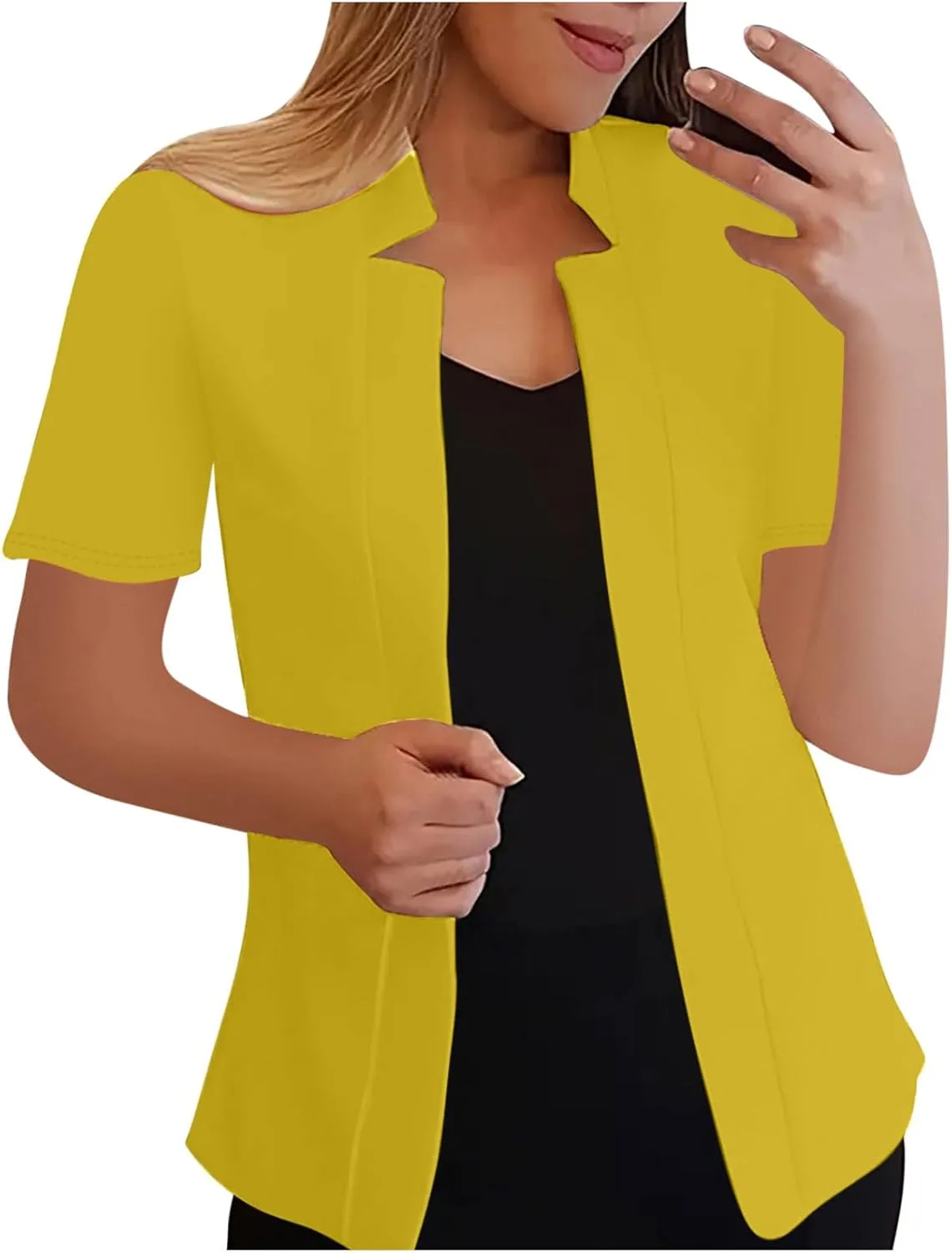 Short Sleeve Lightweight Suit Jackets Women Summer Casual Open Front Work Office Blazers Notch Collar Solid Cardigan