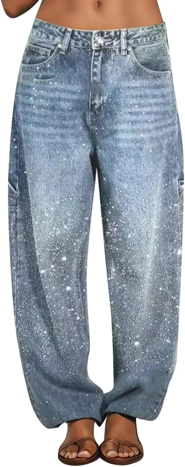 Straight Leg Jeans for Women High Waisted Stretchy Crystal Denim Pants Loose Boyfriend Trendy Streetwear Trousers