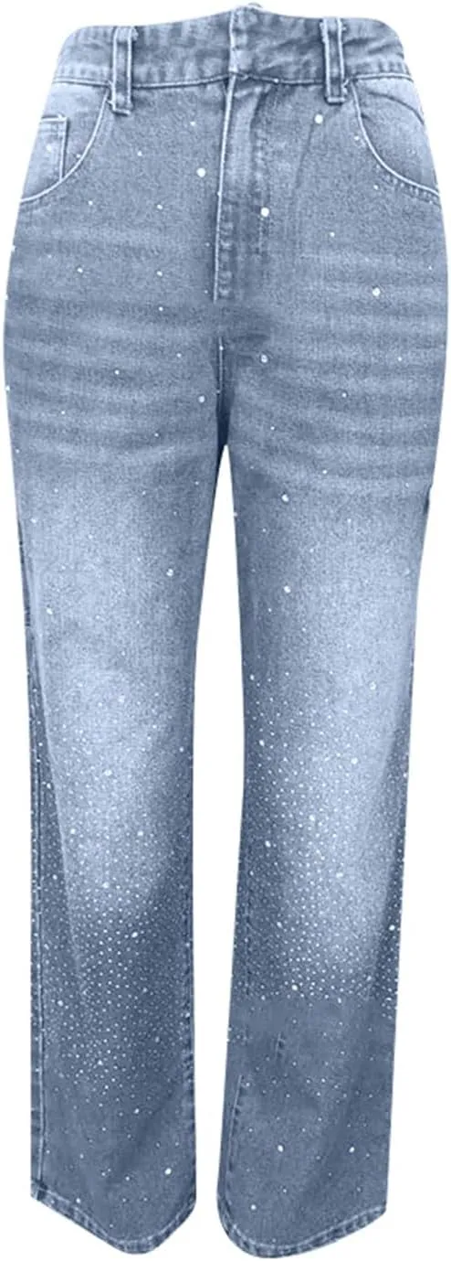 Straight Leg Jeans for Women High Waisted Stretchy Crystal Denim Pants Loose Boyfriend Trendy Streetwear Trousers