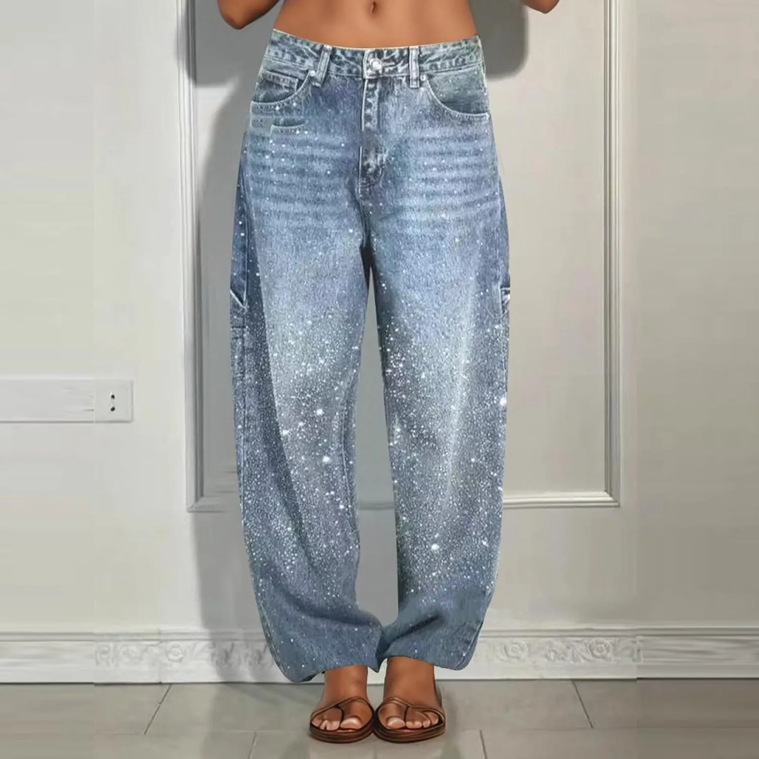 Straight Leg Jeans for Women High Waisted Stretchy Crystal Denim Pants Loose Boyfriend Trendy Streetwear Trousers