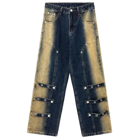Structured Grommet Strap Faded Denim Jeans
