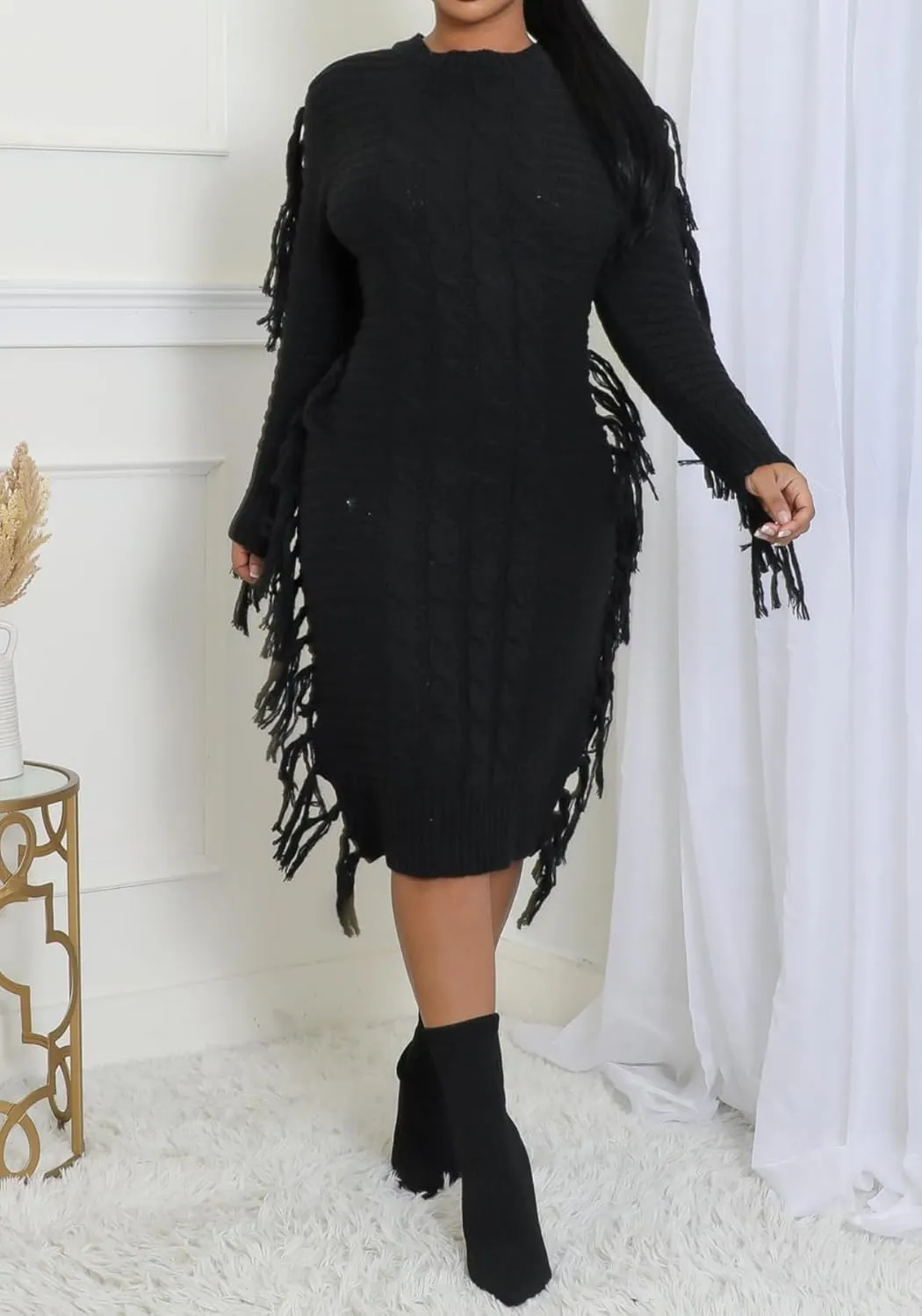 Vaceky Fringe Sweater Dress Women Turtleneck Side Tassel Cable Knit Maxi Long Dresses