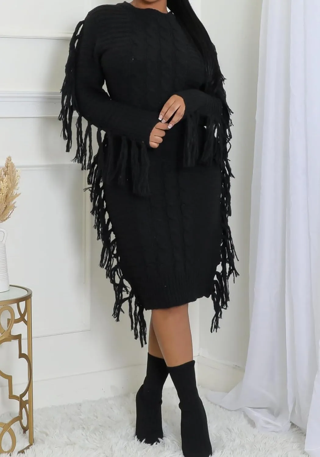 Vaceky Fringe Sweater Dress Women Turtleneck Side Tassel Cable Knit Maxi Long Dresses