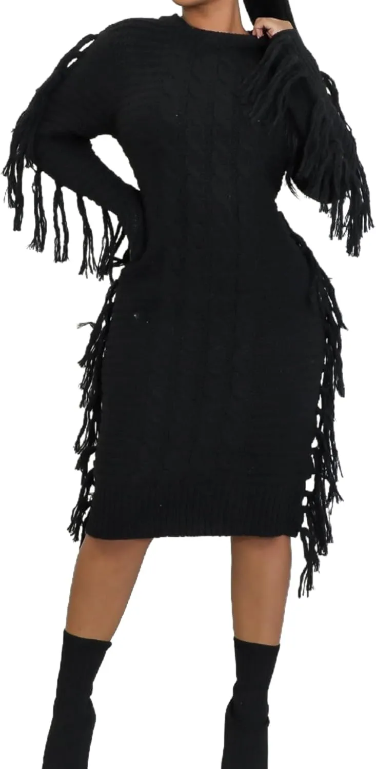 Vaceky Fringe Sweater Dress Women Turtleneck Side Tassel Cable Knit Maxi Long Dresses