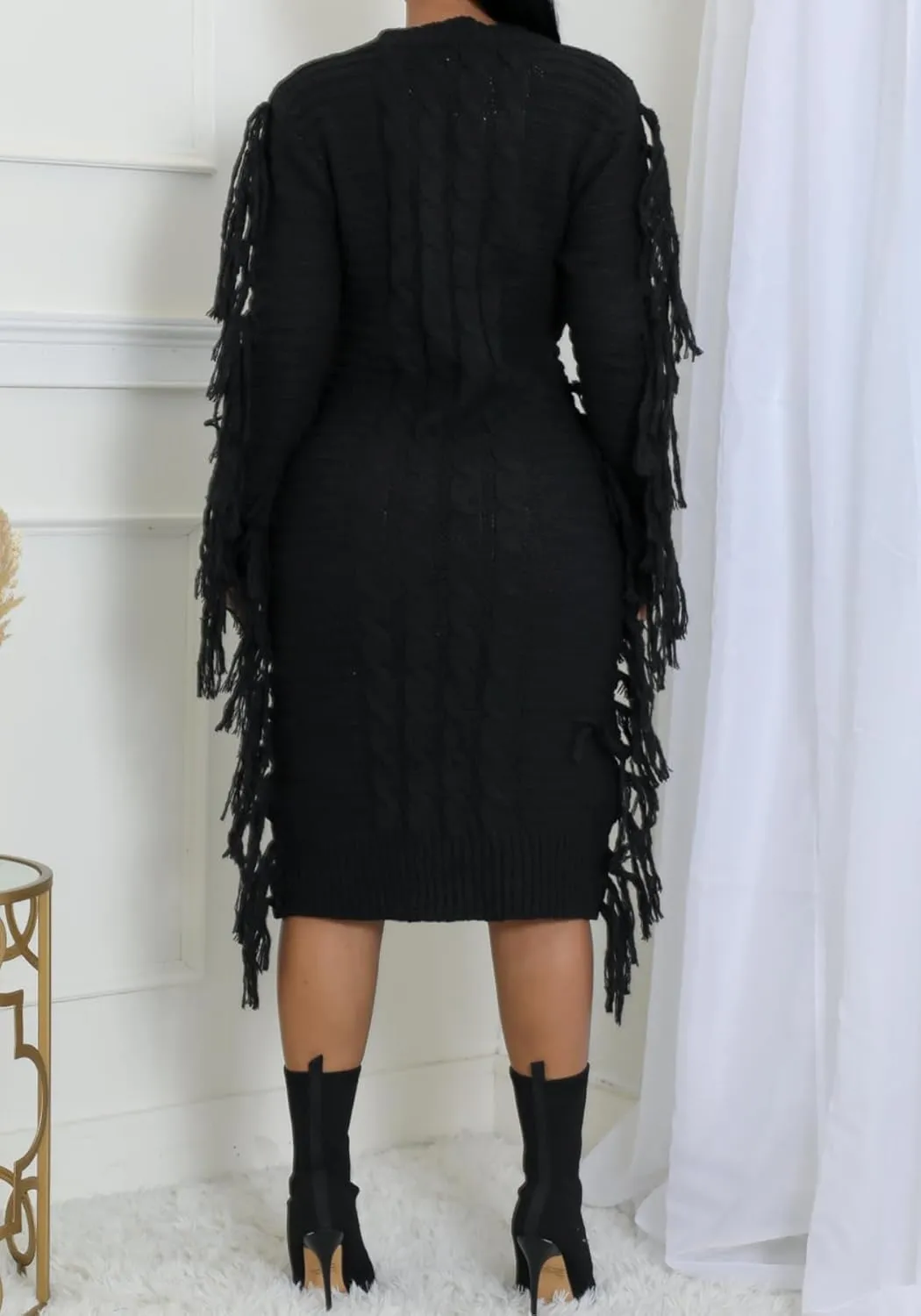 Vaceky Fringe Sweater Dress Women Turtleneck Side Tassel Cable Knit Maxi Long Dresses