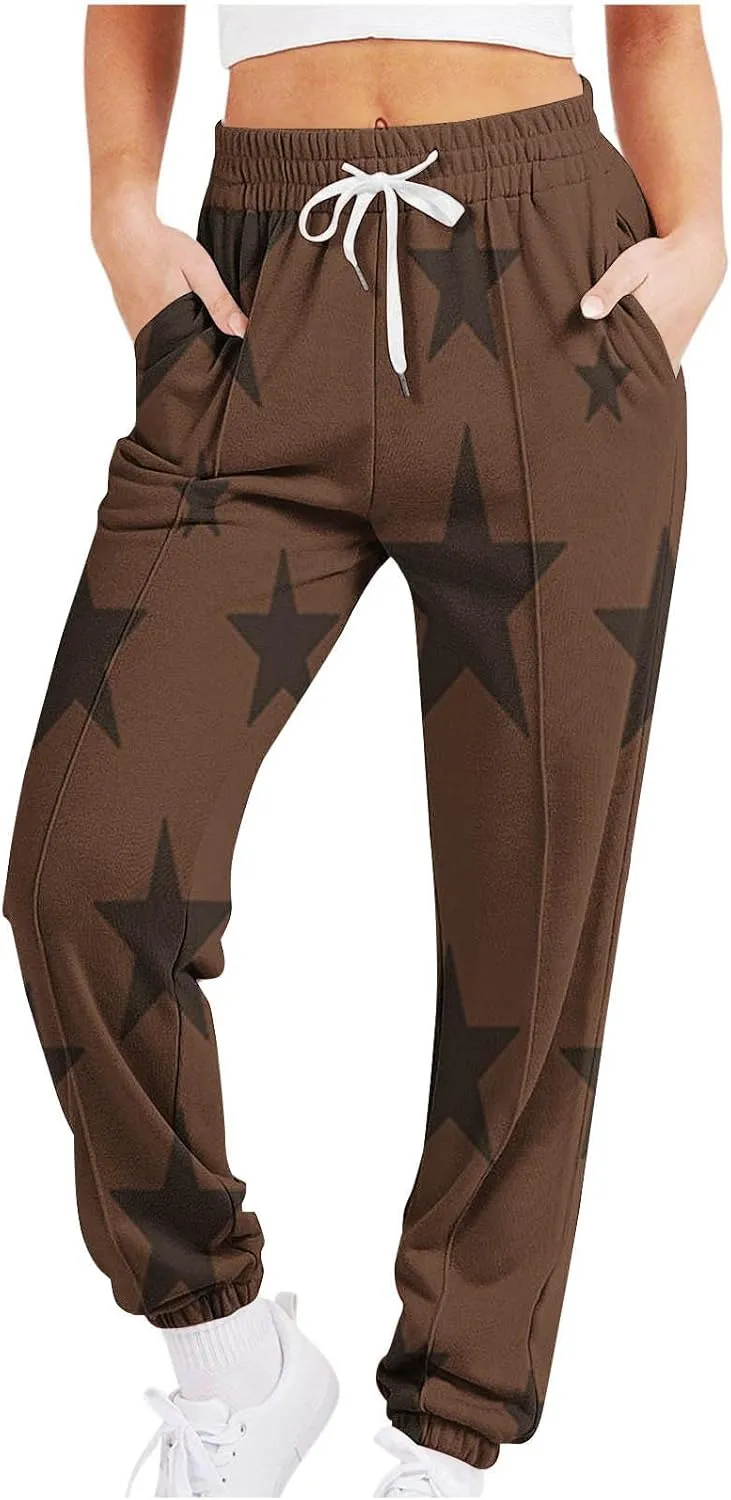 Women Star Print Sweatpants Joggers Teen Girls Cinch Bottom Pants Drawstring Stretchy Pants Fashion Lounge Trousers