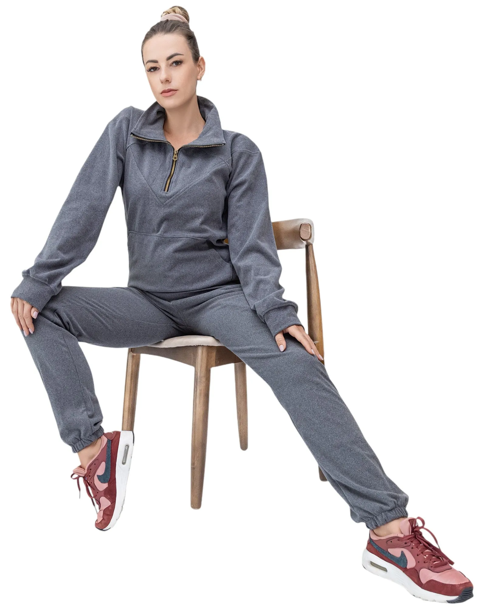 Women's 2-Piece Quarter Zip Sweatsuit Soft Stretch Fleece outfit