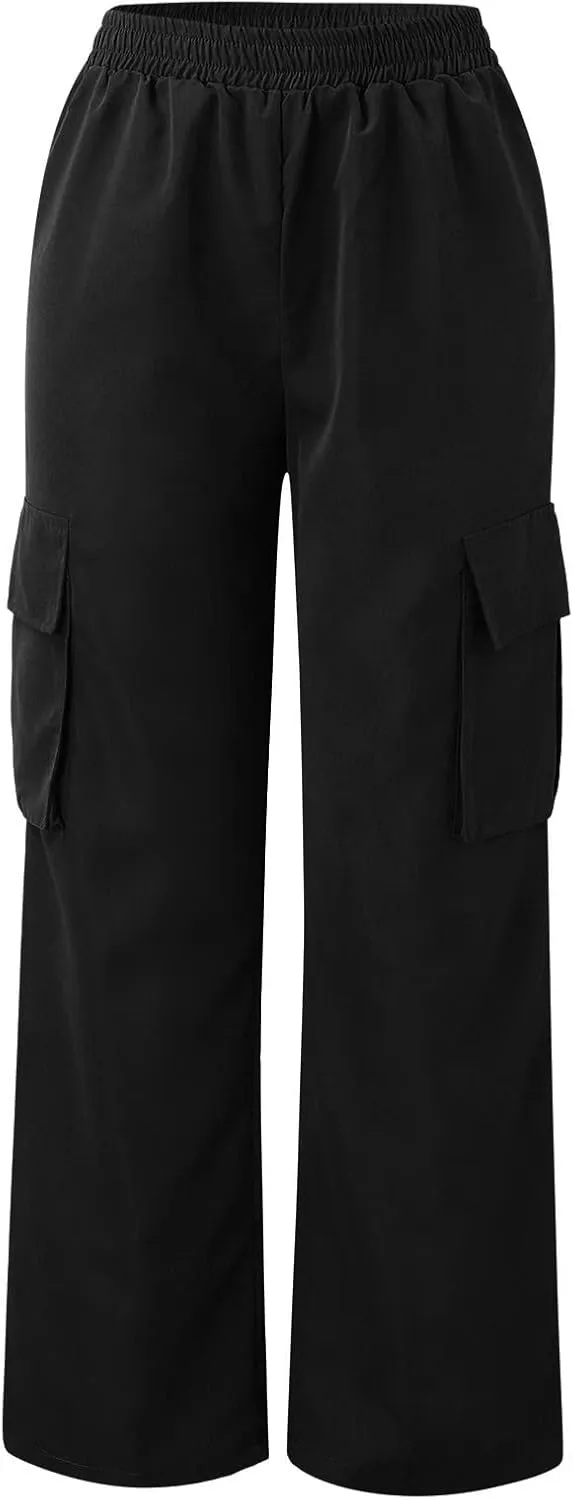 Women's Belt Less High Waisted Straight Leg Trousers Relaxed Style Casual Trousers Cargo Pants with Pockets