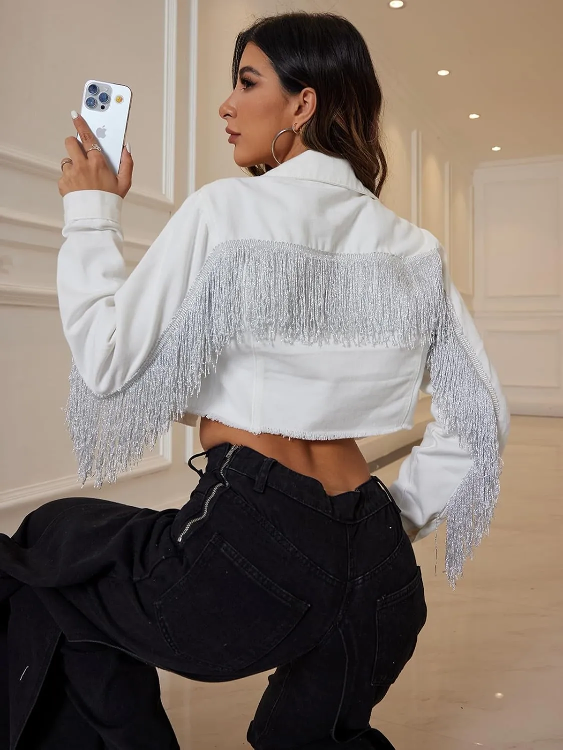 Women’s Crop Denim Jacket Tassel Casual Jean Coat With Fringe