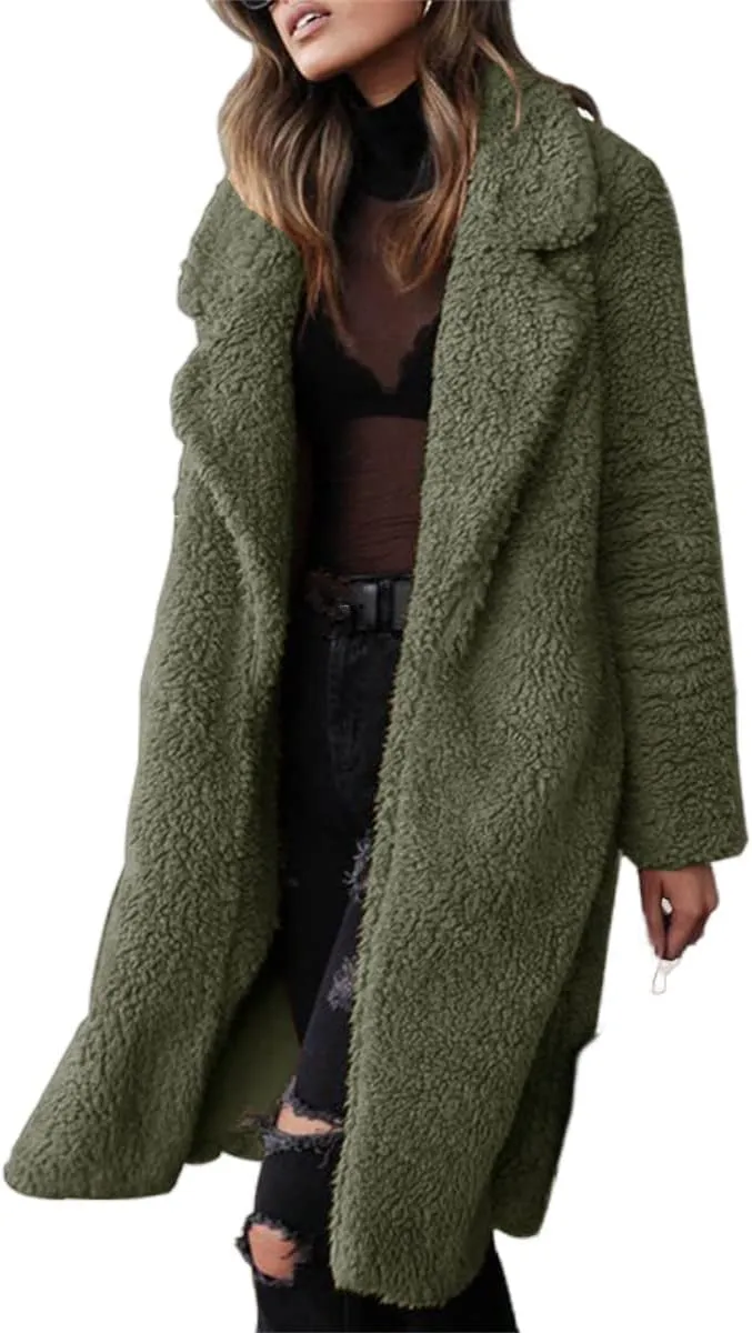 Womens Fuzzy Fleece Winter Coat Lapel Open Front Long Cardigan Coats Faux Fur Warm Outwear Sherpa Jackets with Pockets