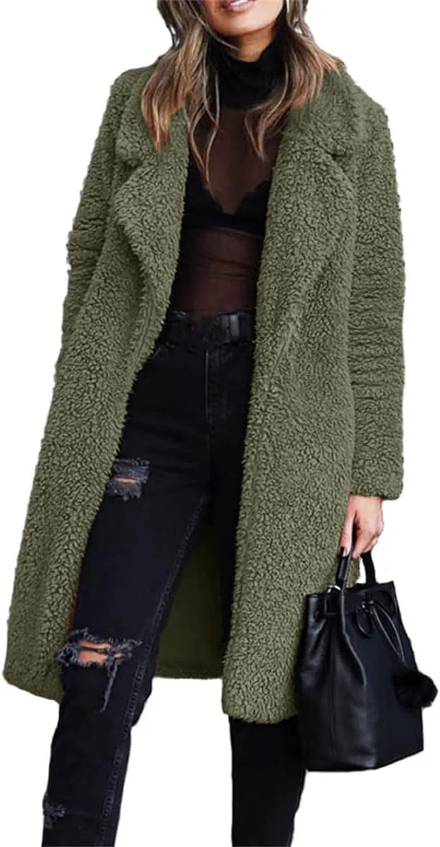 Womens Fuzzy Fleece Winter Coat Lapel Open Front Long Cardigan Coats Faux Fur Warm Outwear Sherpa Jackets with Pockets