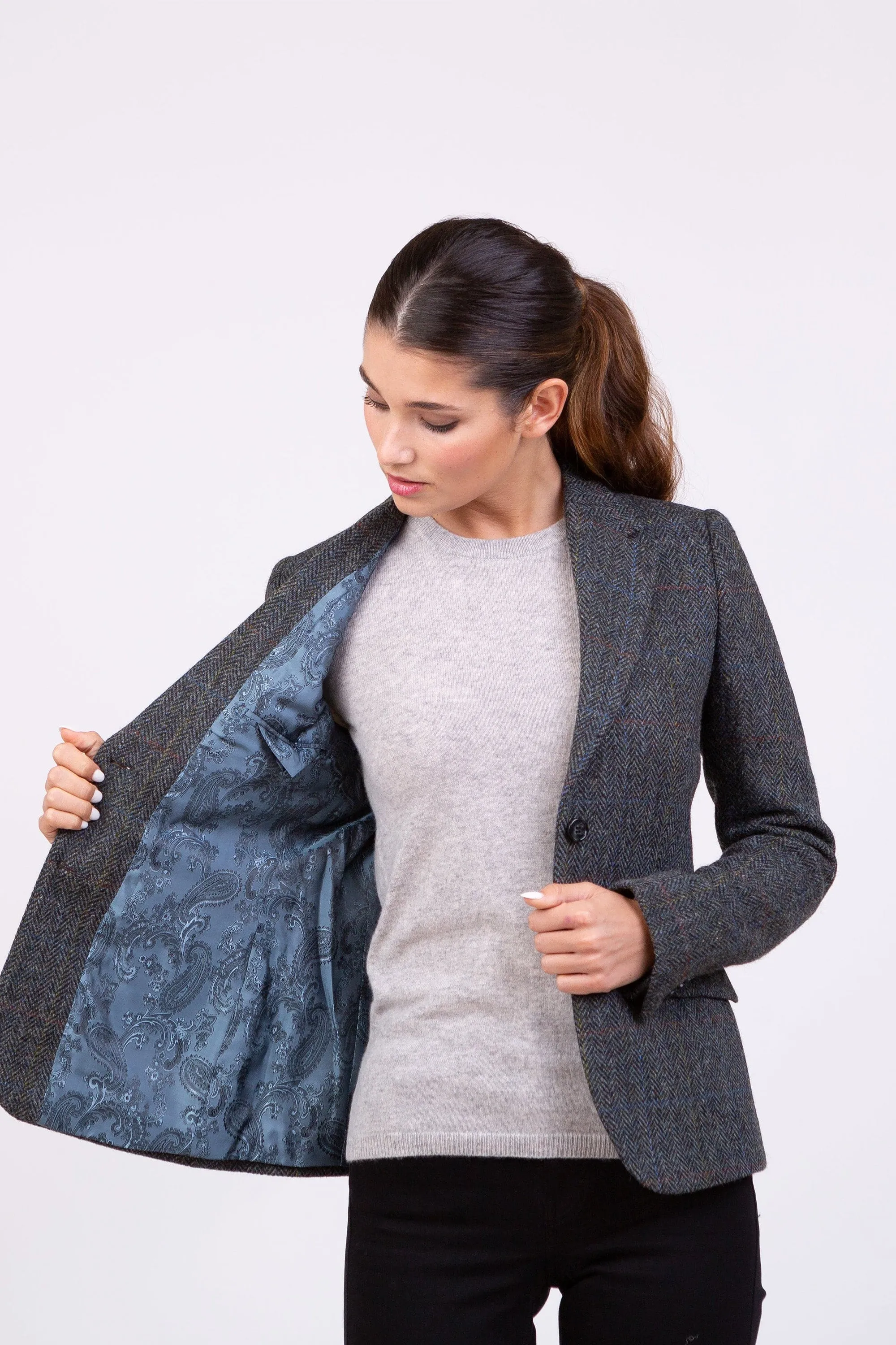 Women's Harris Tweed Heather Blazer - Grey Herringbone Rust Check