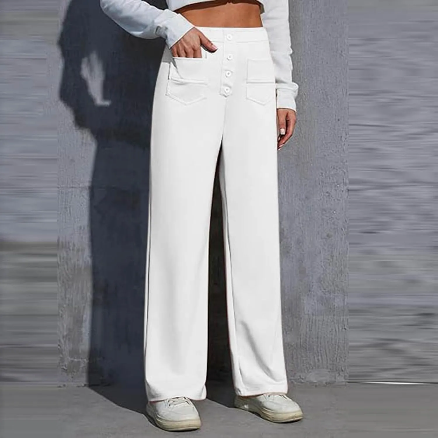 Women's High Waist Casual Pants Summer Stretchy Straight Wide Leg Trendy Flowy Pants with Pockets Loose Trousers