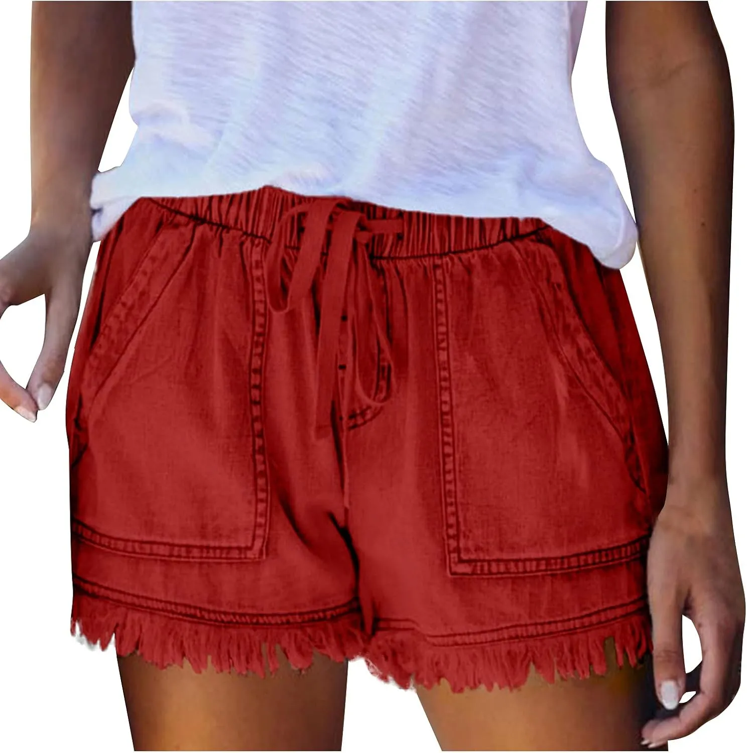 Women's High Waisted Denim Shorts Ripped Hem Frayed Distressed Short Jeans Junior Drawstring Stretchy Short Jeans