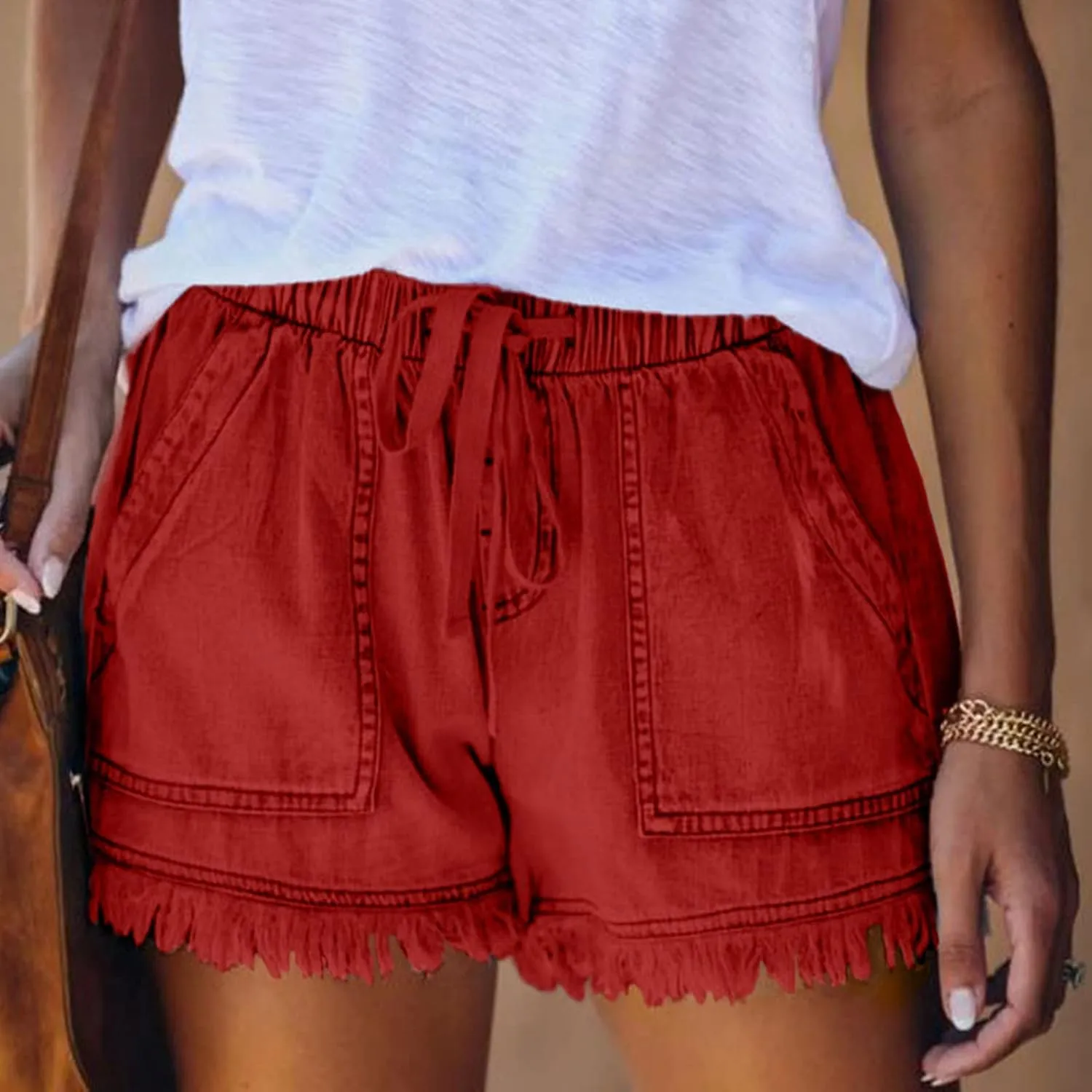 Women's High Waisted Denim Shorts Ripped Hem Frayed Distressed Short Jeans Junior Drawstring Stretchy Short Jeans