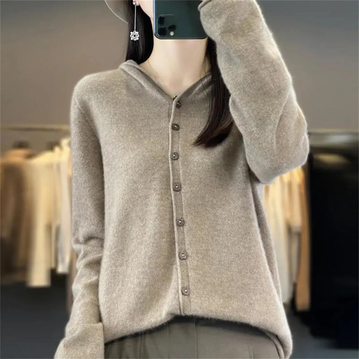 Women's Merino Wool Cardigan Winter Cashmere Sweater Solid Wool Warm Bottom Knit Shirt Top