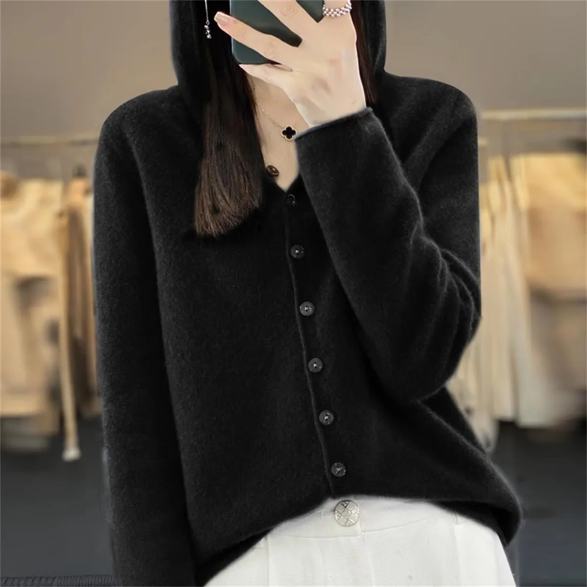 Women's Merino Wool Cardigan Winter Cashmere Sweater Solid Wool Warm Bottom Knit Shirt Top