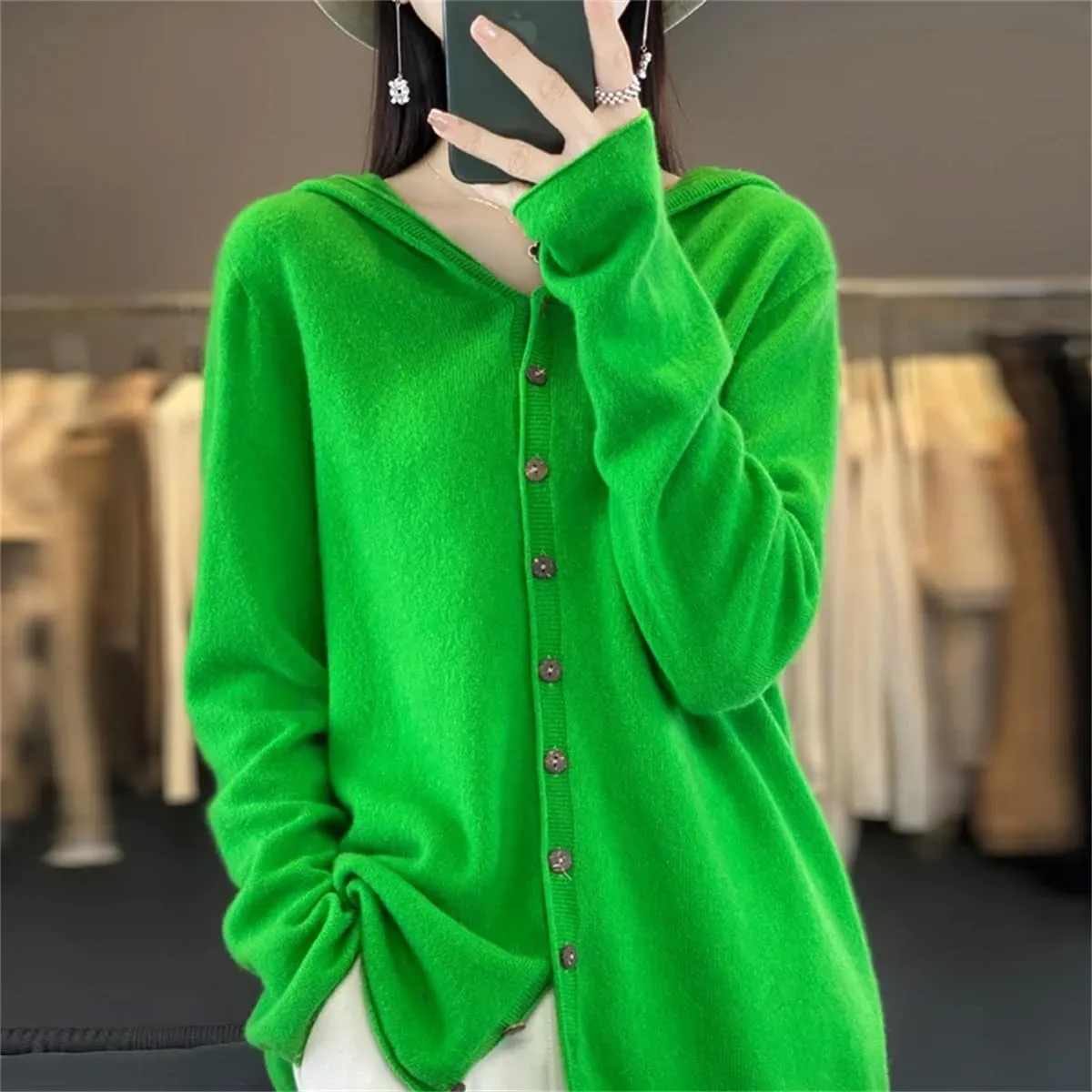 Women's Merino Wool Cardigan Winter Cashmere Sweater Solid Wool Warm Bottom Knit Shirt Top