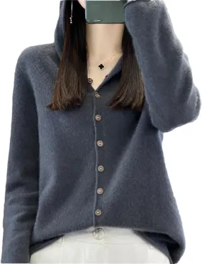 Women's Merino Wool Cardigan Winter Cashmere Sweater Solid Wool Warm Bottom Knit Shirt Top