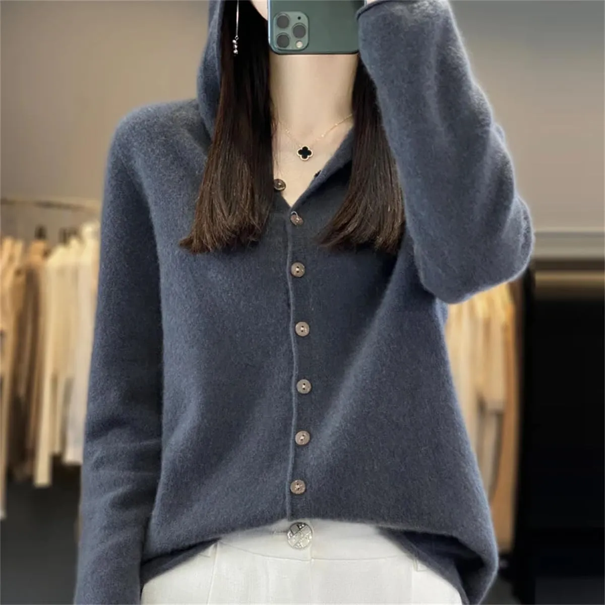 Women's Merino Wool Cardigan Winter Cashmere Sweater Solid Wool Warm Bottom Knit Shirt Top