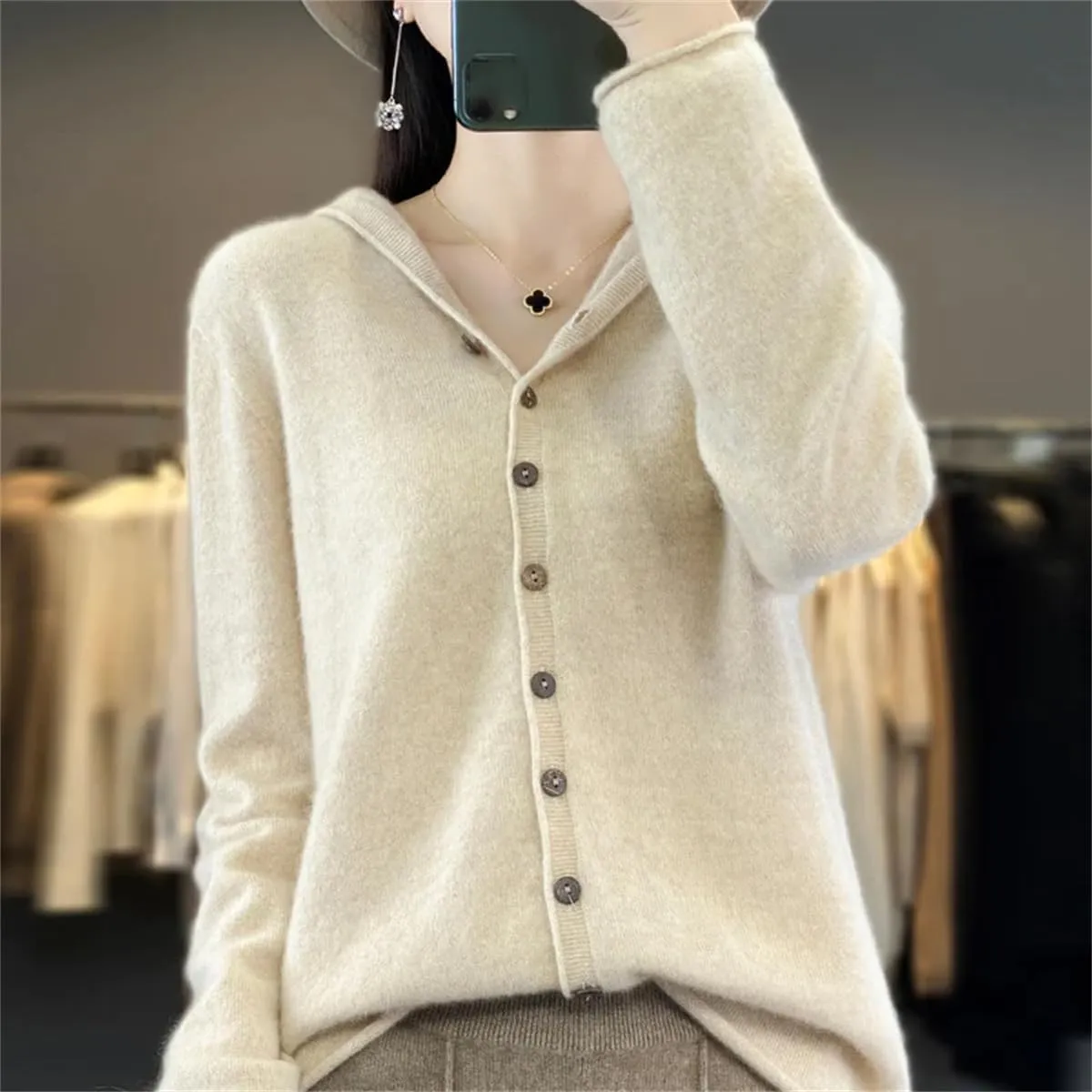 Women's Merino Wool Cardigan Winter Cashmere Sweater Solid Wool Warm Bottom Knit Shirt Top