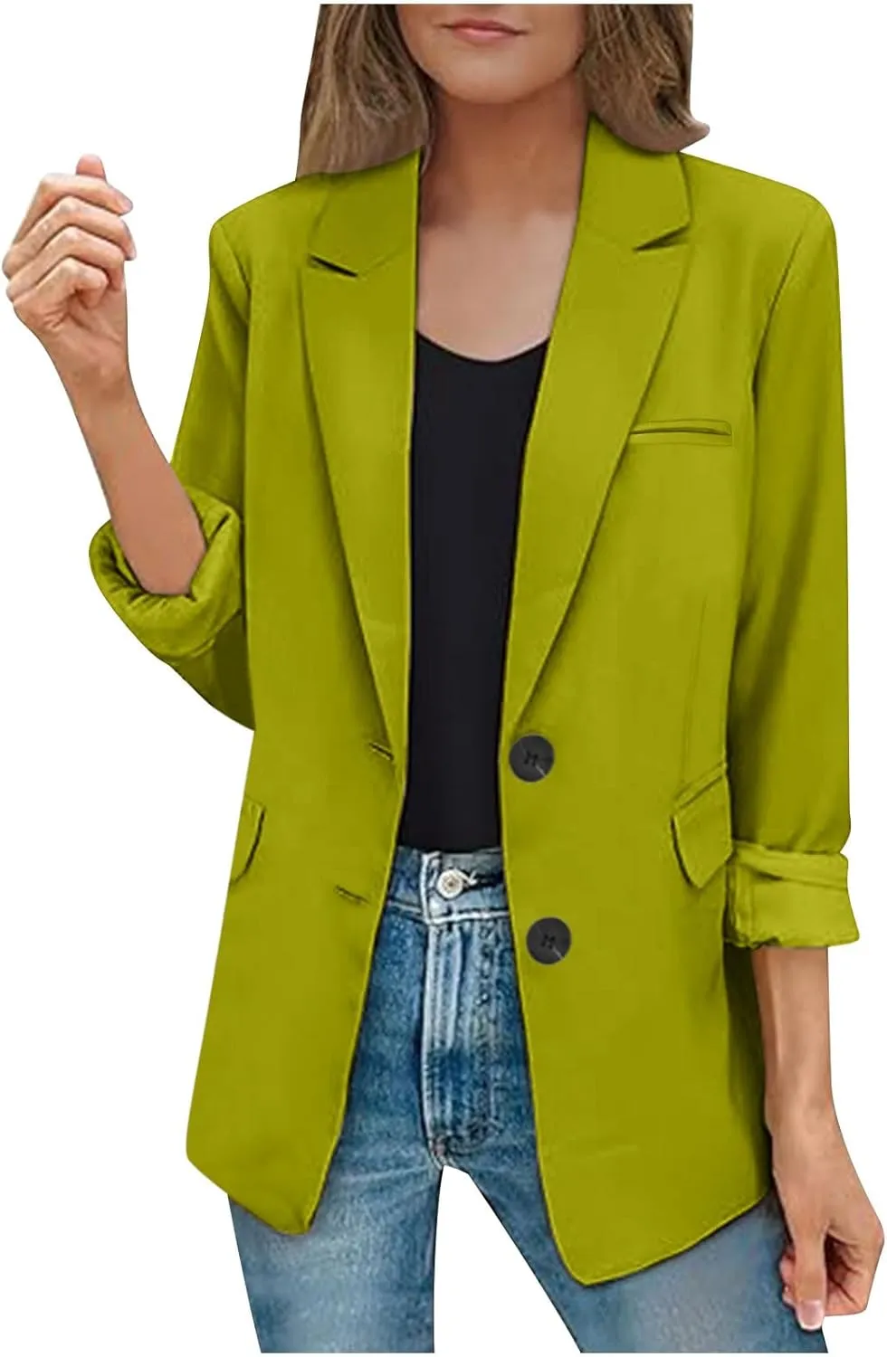 Women's Rolled Up Long Sleeve Blazers Open Front Button Cardigan Jacket Lightweight Casual Loose Fit Suits Jackets