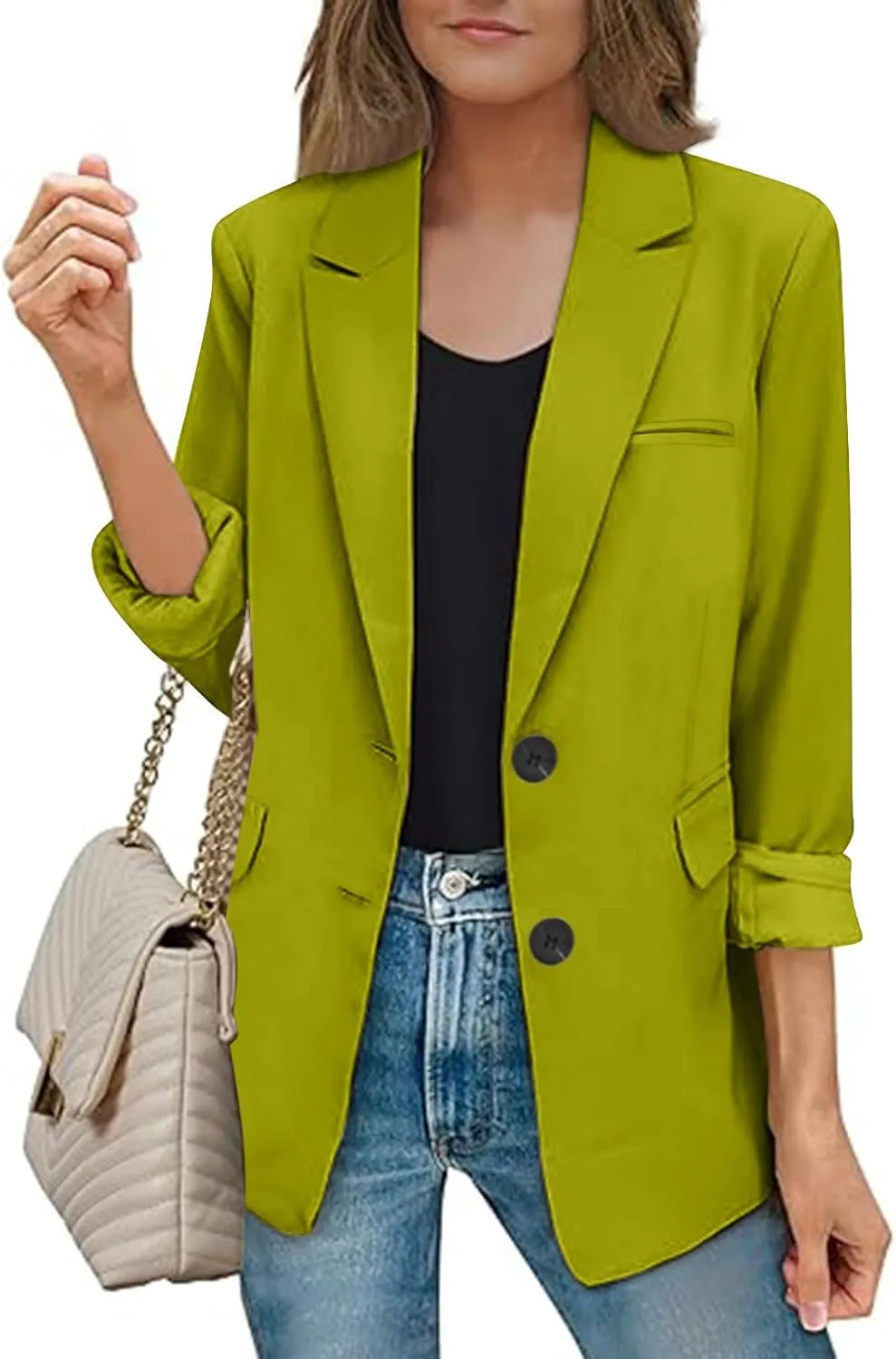 Women's Rolled Up Long Sleeve Blazers Open Front Button Cardigan Jacket Lightweight Casual Loose Fit Suits Jackets