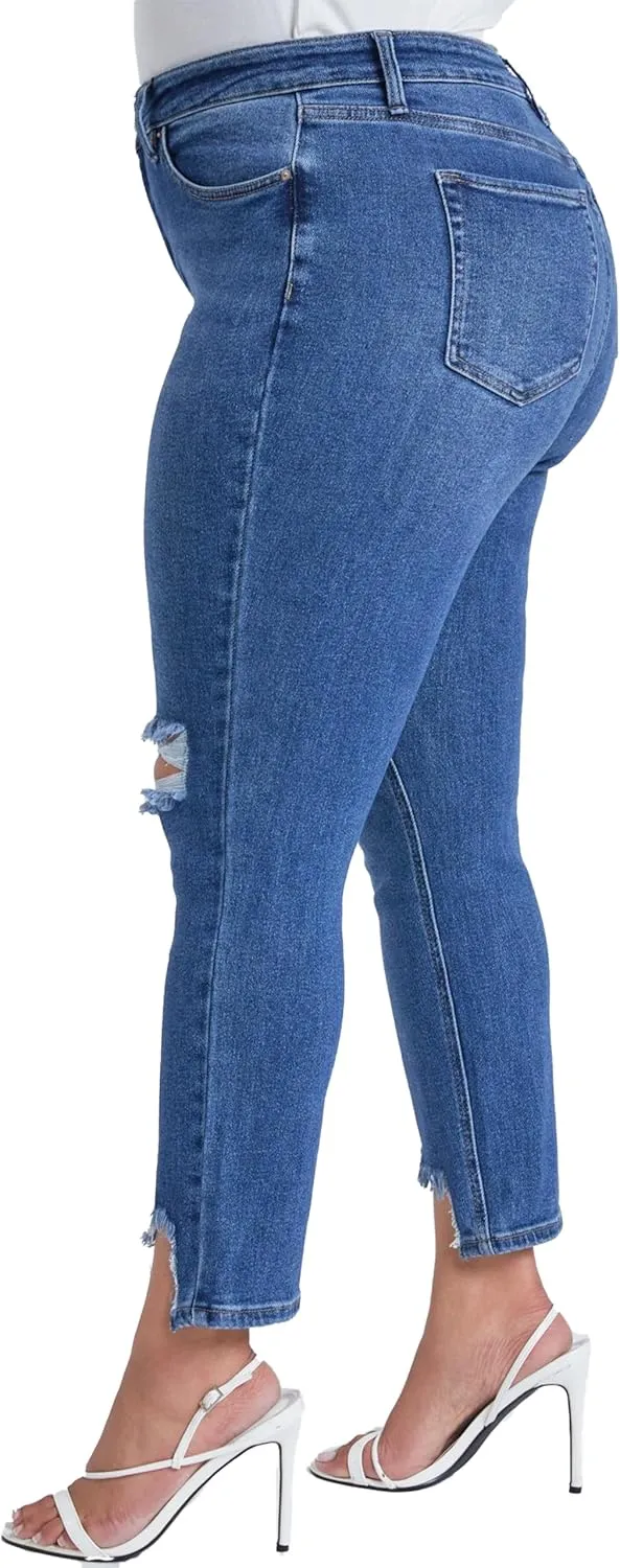 YMI Women's Junior Plus Size Slim Straight Ankle Jean with Hem Destruction