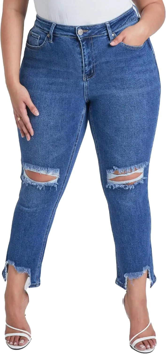 YMI Women's Junior Plus Size Slim Straight Ankle Jean with Hem Destruction