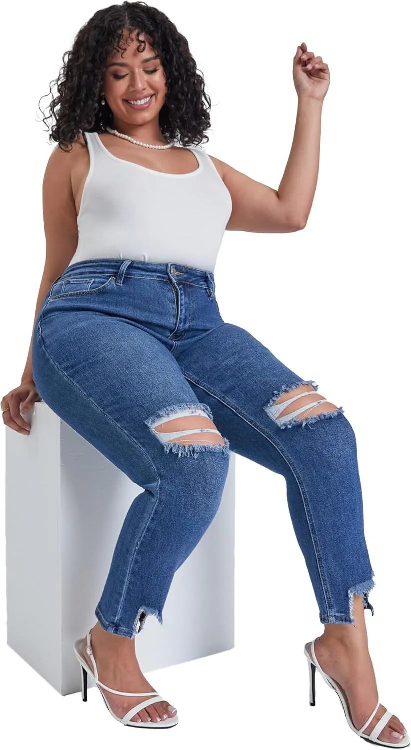 YMI Women's Junior Plus Size Slim Straight Ankle Jean with Hem Destruction
