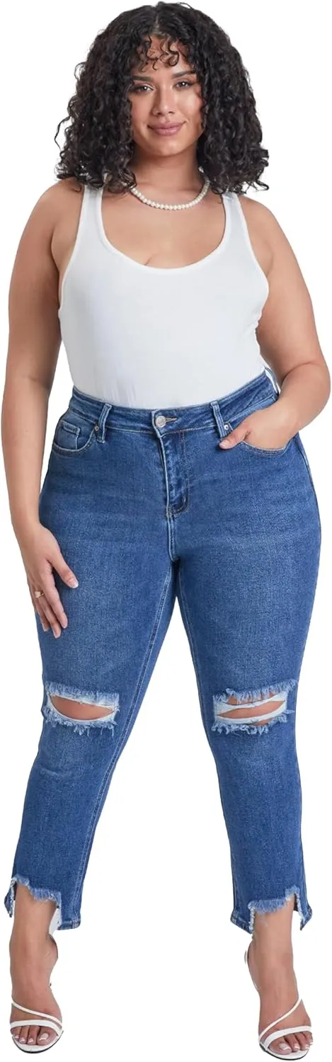 YMI Women's Junior Plus Size Slim Straight Ankle Jean with Hem Destruction